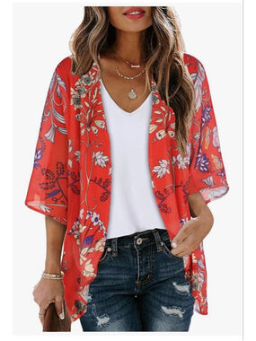 Women's Unbranded Red Floral Tunic Kimono, Size Large (10/12), NWOT